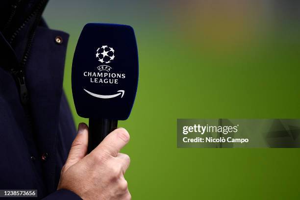 Microphone bearing the logo of UEFA Champions League and the logo of Amazon is seen at the end of the UEFA Champions League round of sixteen first...