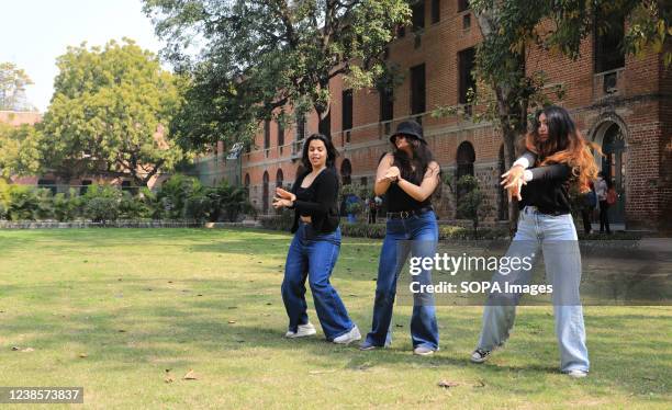 Students seen dancing on the first day of resumption of college. Miranda House College for Women, north campus university of Delhi reopens after two...