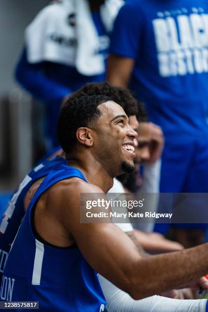 Shaquille Harrison of the Delaware Blue Coats smiles during a game against the Windy City Bulls on February 17, 2022 at Chase Fieldhouse in...