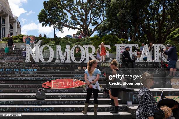 Demonstrators outside the Parliament building in Wellington, New Zealand, on Friday, Feb. 18, 2022. The protest against vaccine mandates in front of...