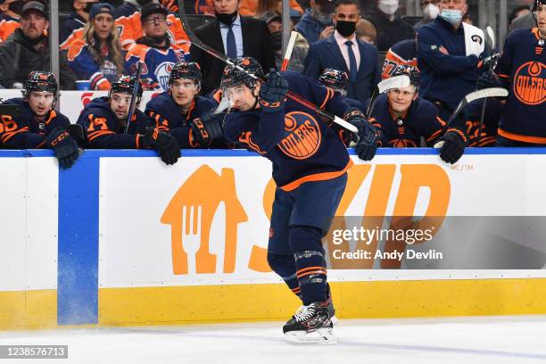 Cody Ceci of the Edmonton Oilers shoots during the game against the Anaheim Ducks on February 17, 2022 at Rogers Place in Edmonton, Alberta, Canada.