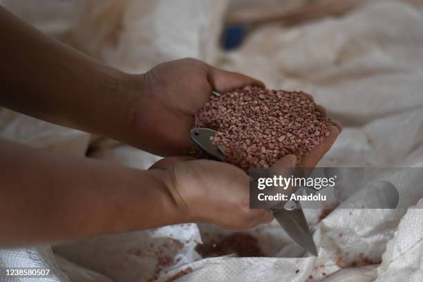 An agricultural worker shows fertilizer before enriching the soybean field in Goias, Brazil on February 12, 2022. Brazil's Congress approves a bill...