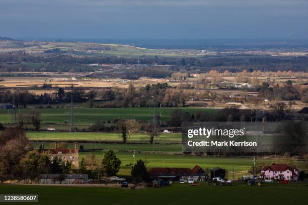 Wellwick House is viewed from Bacombe Hill with works for the HS2 high-speed rail link beyond on 9th February 2022 in Wendover, United Kingdom....