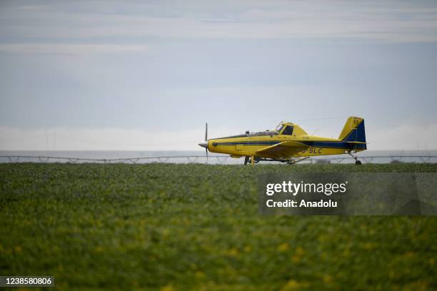 An agricultural aircraft sprays the soybeans fied in Goias, Brazil on February 12, 2022. Brazil's Congress approves a bill to allow commercialization...