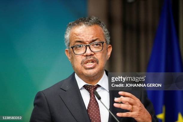 World Health Organization Tedros Adhanom Ghebreyesus gives a statement on the coronavirus disease vaccination on the second day of a European Union...