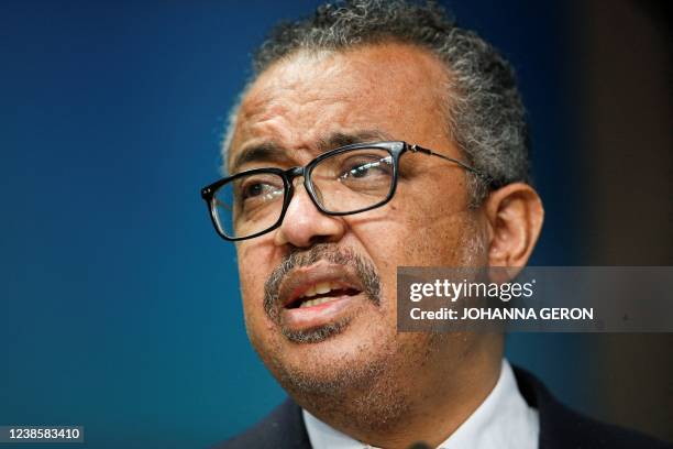 World Health Organization Tedros Adhanom Ghebreyesus gives a statement on the coronavirus disease vaccination on the second day of a European Union...