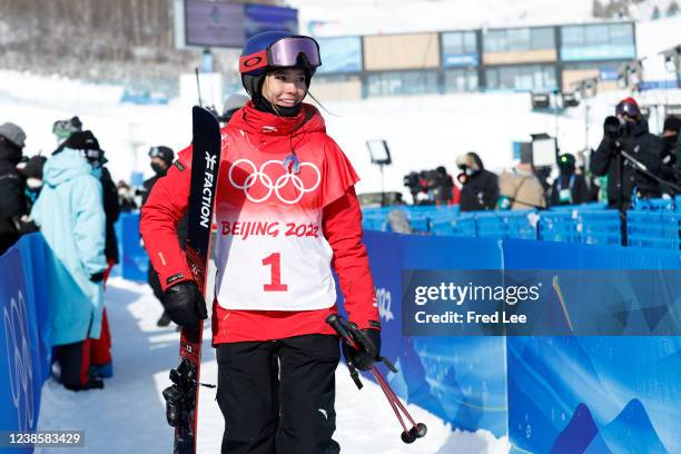 Ailing Eileen Gu of Team China reacts after winning the Women's Freestyle Freeski Halfpipe Final on Day 14 of the Beijing 2022 Winter Olympics at...