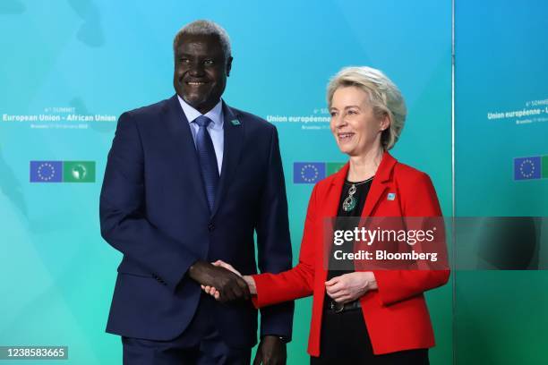 Moussa Faki Mahamat, chairman of the African Union Commission, left, and Ursula von der Leyen, president of the European Commission, at the European...