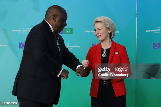 Cyril Ramaphosa, South Africa's president, left, and Ursula von der Leyen, president of the European Commission, at the European Union-Africa Union...