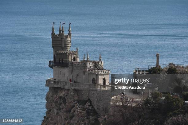 General view of Swallow's Nest Castle is seen on Auroara Clif in Gaspro town of Crimea, Ukraine on February 7, 2022. Swallow Nest Castle, 40 meters...