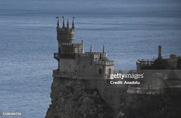 General view of Swallow's Nest Castle is seen on Auroara Clif in Gaspro town of Crimea, Ukraine on February 7, 2022. Swallow Nest Castle, 40 meters...