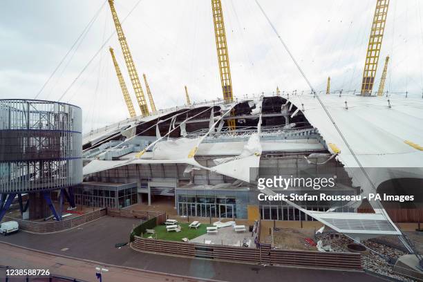 Damage to the roof of the O2 Arena , in south east London, caused by Storm Eunice. Picture date: Friday February 18, 2022.