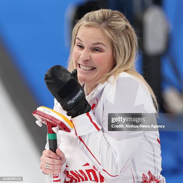 Jennifer Jones of Canada reacts during the curling women's round robin session 12 of Beijing 2022 Winter Olympics between Canada and Denmark at...