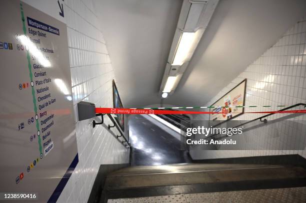 View of closed a subway entrance in Paris, France on February 18, 2022. Employees of the RATP company, which organizes public transport in Paris, go...