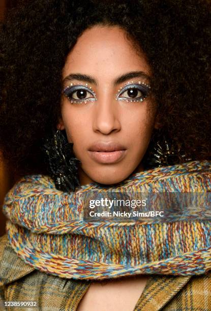 Model is seen backstage ahead of the Paul Costelloe show during London Fashion Week February 2022 on February 18, 2022 in London, United Kingdom.