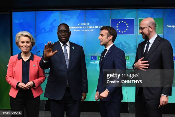 President of the European Commission Ursula von der Leyen, Senegal's President Macky Sall, French President Emmanuel Macron and European Council...