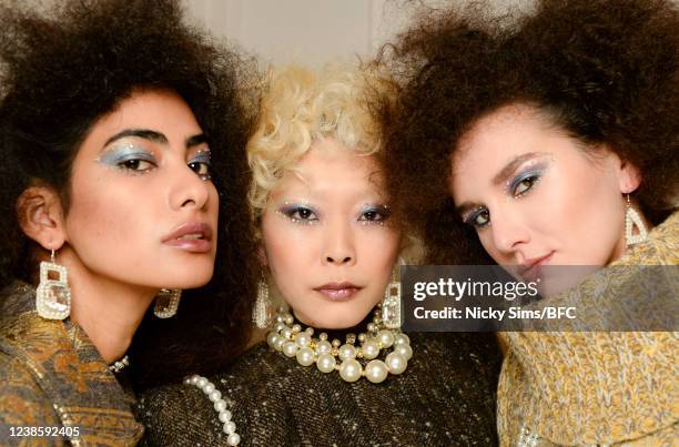 Models are seen backstage ahead of the Paul Costelloe show during London Fashion Week February 2022 on February 18, 2022 in London, United Kingdom.