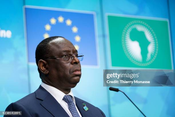 President of Senegal Macky Sall is talking to media at the end of the second day of an EU Africa Summit on February 17, 2022 in Brussels, Belgium....