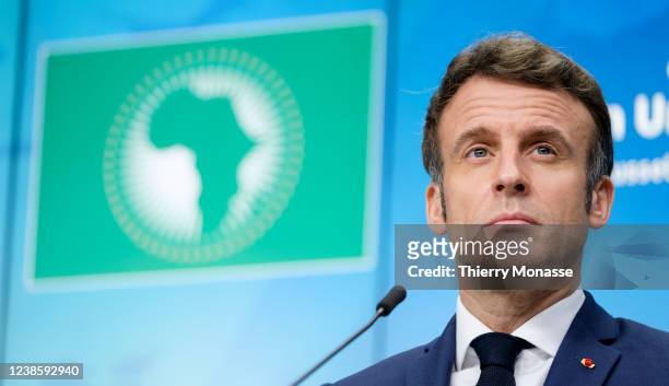 French President Emmanuel Macron is talking to media at the end of the second day of an EU Africa Summit on February 17, 2022 in Brussels, Belgium....