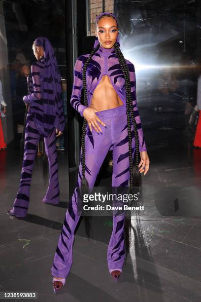 Jourdan Dunn attends the Conner Ives show during London Fashion Week February 2022 at the BFC NEWGEN Show Space on February 18, 2022 in London,...