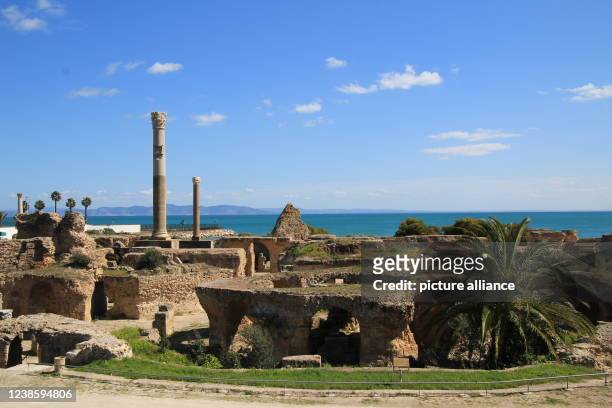 March 2021, Tunisia, Kathargo: View of the ruins of the Baths of Antoninus Pius, which were one of the most imposing Roman structures in Carthage....