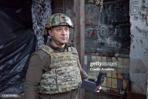 Ukrainian President Volodymyr Zelensky is seen as he visits the border troops in Donetsk, Ukraine on February 17, 2022.