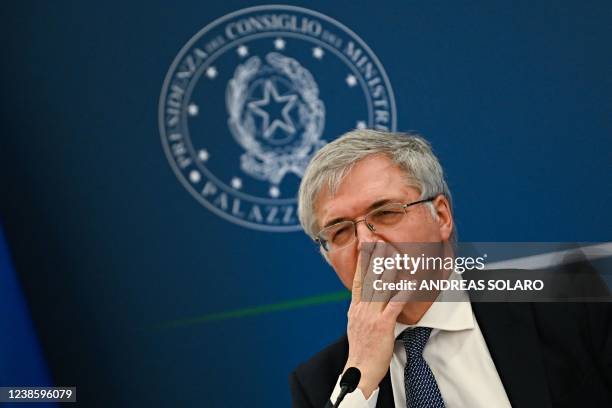 Minister for the Economy Daniele Franco looks on during a joint press conference on the high energy prices, after the Council of Ministers in Rome on...