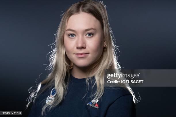 France's Tess Ledeux the Silver Medal in Womens Freeski Big Air during the XXIV Winter Olympic Games Beijing 2022 poses during a photo session in...