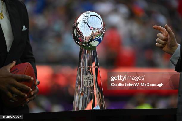 Super Bowl LVI: Portrait of Vince Lombardi Trophy before Los Angeles Rams vs Cincinnati Bengals game at SoFi Stadium. Inglewood, CA 2/13/2022 CREDIT:...