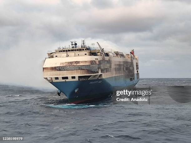 The Felicity Ace ship carrying luxury cars, is seen as it is adrift in the middle of the Atlantic Ocean after it caught fire, near Portuguese on...