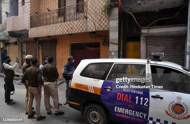 Delhi police persons Stand out side the Residence of Seema puri investigation after one day recovered IED Found on February 18, 2022 in New Delhi,...