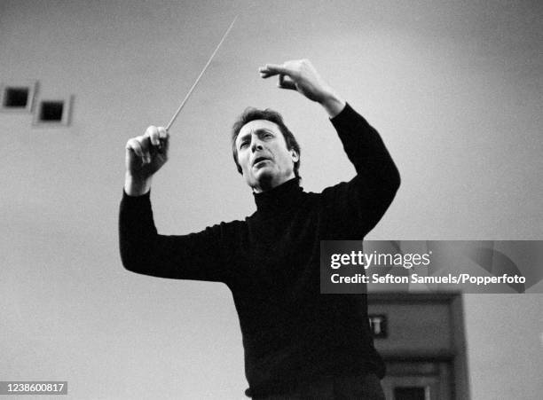 Italian conductor Carlo Maria Giulini conducting an orchestra at Morley College in London, England on 23rd October, 1969.