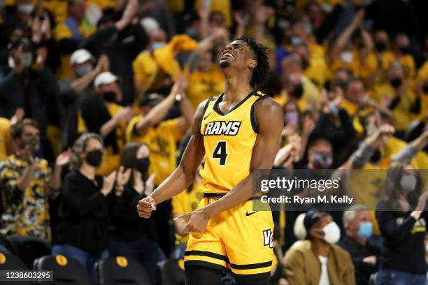 Jalen DeLoach of the VCU Rams celebrates in the second half during a game against the Richmond Spiders at Siegel Center on February 18, 2022 in...