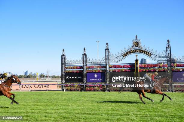 Rose Quartz ridden by Michael Dee wins the The Lexus Melbourne Cup Tour Apply Now at Flemington Racecourse on February 19, 2022 in Flemington,...