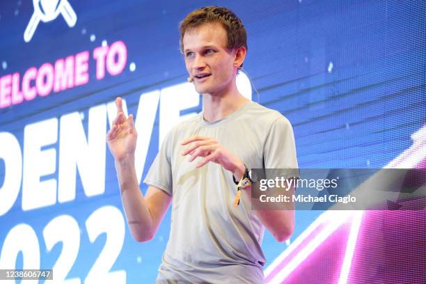 Ethereum co-founder Vitalik Buterin speaks at ETHDenver on February 18, 2022 in Denver, Colorado. ETHDenver is the largest and longest running...