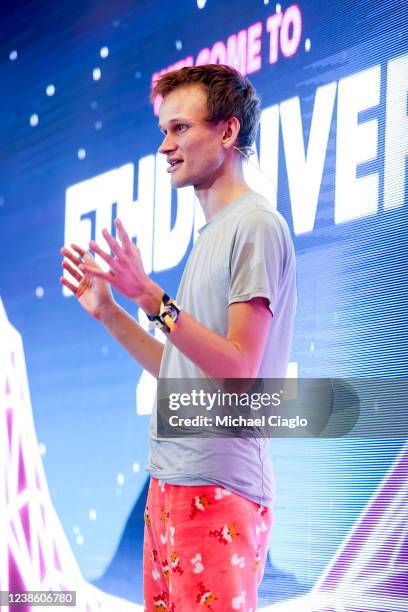 Ethereum co-founder Vitalik Buterin speaks at ETHDenver on February 18, 2022 in Denver, Colorado. ETHDenver is the largest and longest running...