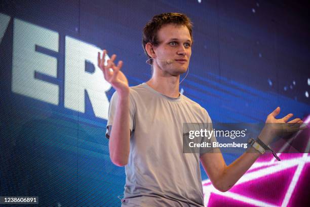 Vitalik Buterin, co-founder of Ethereum, speaks during ETHDenver in Denver, Colorado, U.S., on Friday, Feb. 18, 2022. ETHDenver is the largest Web3...