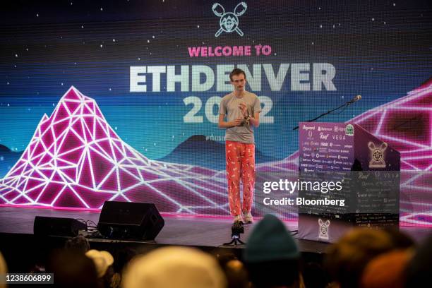 Vitalik Buterin, co-founder of Ethereum, speaks during ETHDenver in Denver, Colorado, U.S., on Friday, Feb. 18, 2022. ETHDenver is the largest Web3...