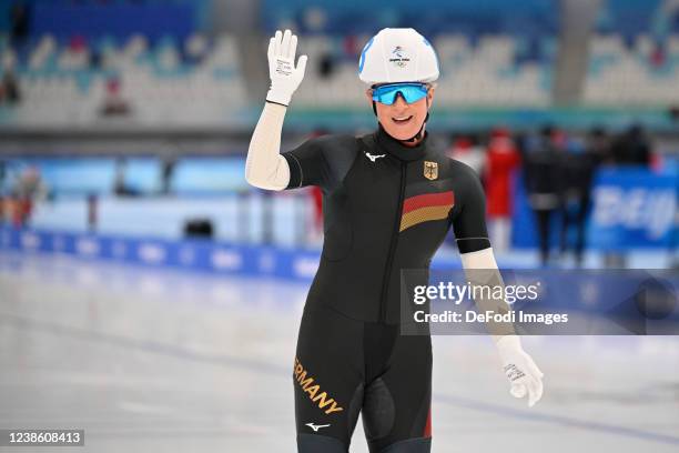 Claudia Pechstein of Germany celebrates after the Women's Speed Skating Mass Start during the Beijing 2022 Winter Olympics at National Speed Skating...