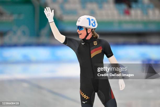Claudia Pechstein of Germany celebrates after the Women's Speed Skating Mass Start during the Beijing 2022 Winter Olympics at National Speed Skating...