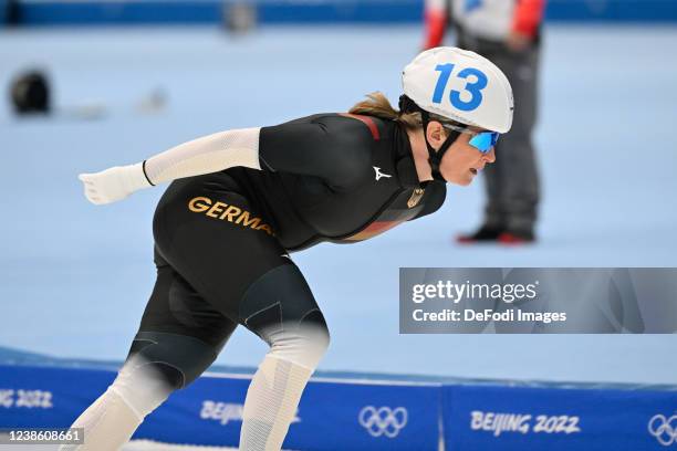 Claudia Pechstein of Germany in action at the Women's Speed Skating Mass Start during the Beijing 2022 Winter Olympics at National Speed Skating Oval...