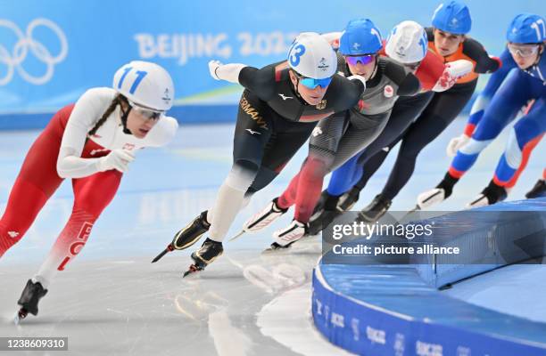 February 2022, China, Peking: Olympics, speed skating, mass start, women, final, National Speed Skating Oval, Claudia Pechstein of Germany in action....