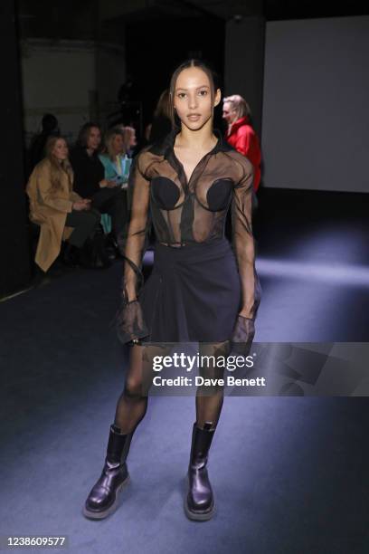 Francesca Hayward attends the Nensi Dojaka AW22 Show during London Fashion Week February 2022 at the BFC NEWGEN Show Space on February 19, 2022 in...