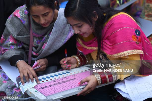 Polling officials check the Electronic Voting machines and voter-verified paper audit trail units before they leave for their respective polling...