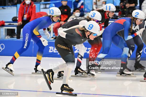 February 2022, China, Peking: Olympics, speed skating, mass start, women, semifinals, National Speed Skating Oval, Claudia Pechstein of Germany in...