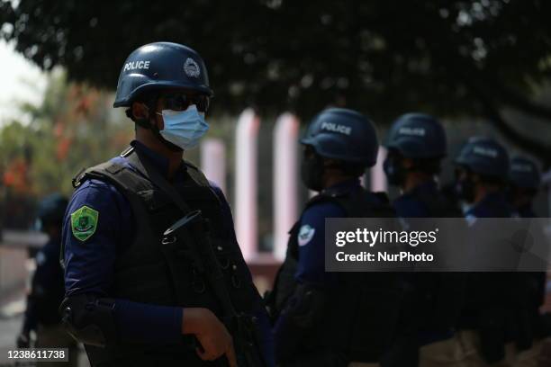 Members of SWAT team stand guard at the central Shaheed Minar ahead of the International Mother Language Day, in Dhaka, Bangladesh on February 19,...