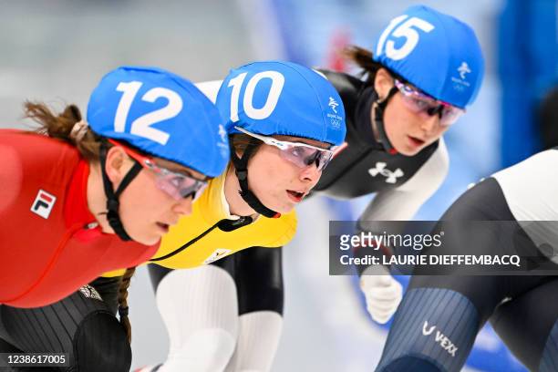 Belgian speed skater Sandrine Tas pictured in action during the semifinals of the women's mass start speed skating event at the Beijing 2022 Winter...