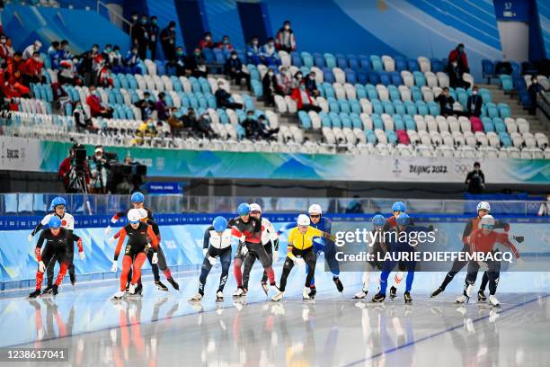 Belgian speed skater Bart Swings pictured in action during the final of the men's mass start speed skating event at the Beijing 2022 Winter Olympics...