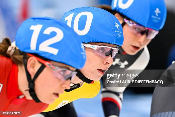 Belgian speed skater Sandrine Tas pictured in action during the semifinals of the women's mass start speed skating event at the Beijing 2022 Winter...