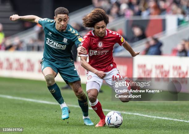 Middlesbrough's Marcus Tavernier competing with Bristol City's Han-Noah Massengo during the Sky Bet Championship match between Bristol City and...